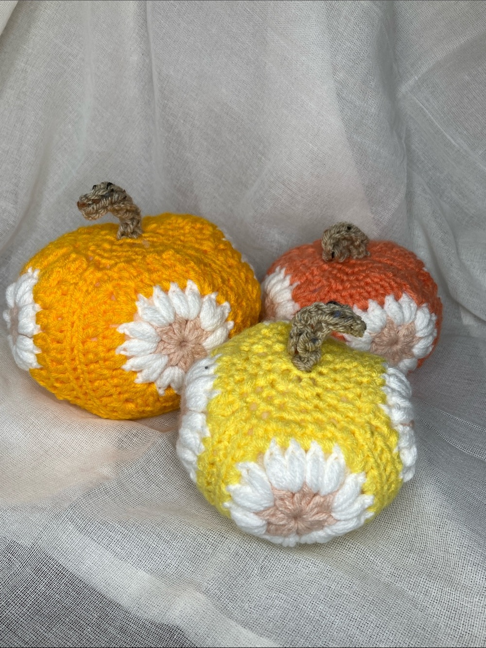 Handmade Crochet Pumpkin Trio in Yellow, Peach, and Goldenrod